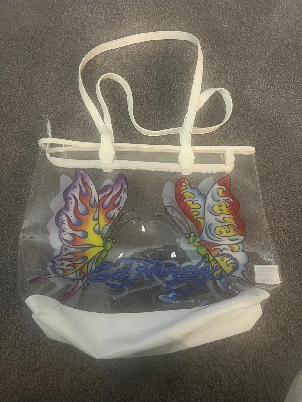 Ed Hardy Clear Tote with Multicolor Butterfly Design and White Trim